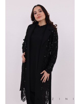 Pul ve Dantel Detaylı Siyah Pantolonlu Takım